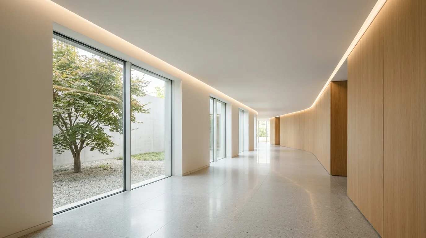 A clean, finished interior hallway with light-colored walls and a smooth, closed ceiling, illuminated by natural daylight.