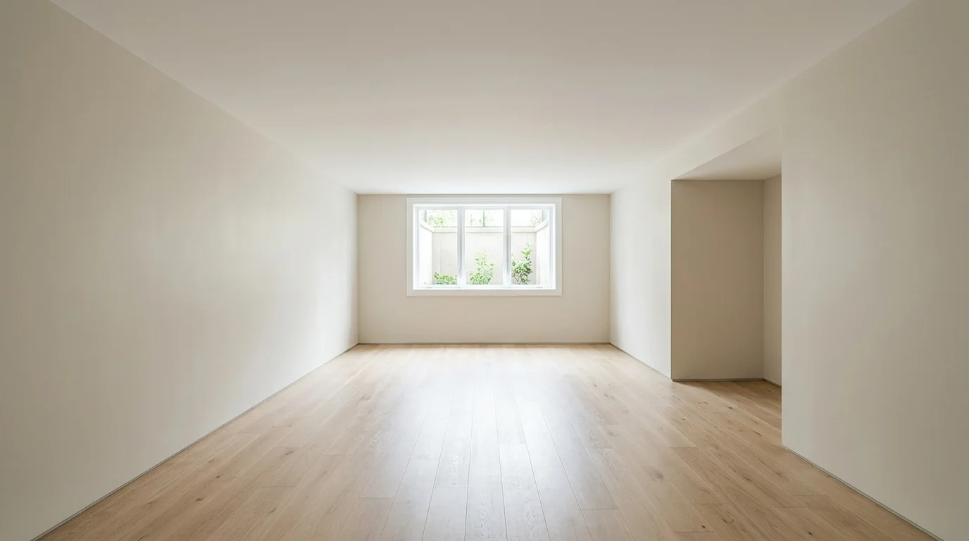 An empty, finished basement room with smooth walls, a clean floor, and a perfectly smooth, closed ceiling, illuminated by natural daylight.
