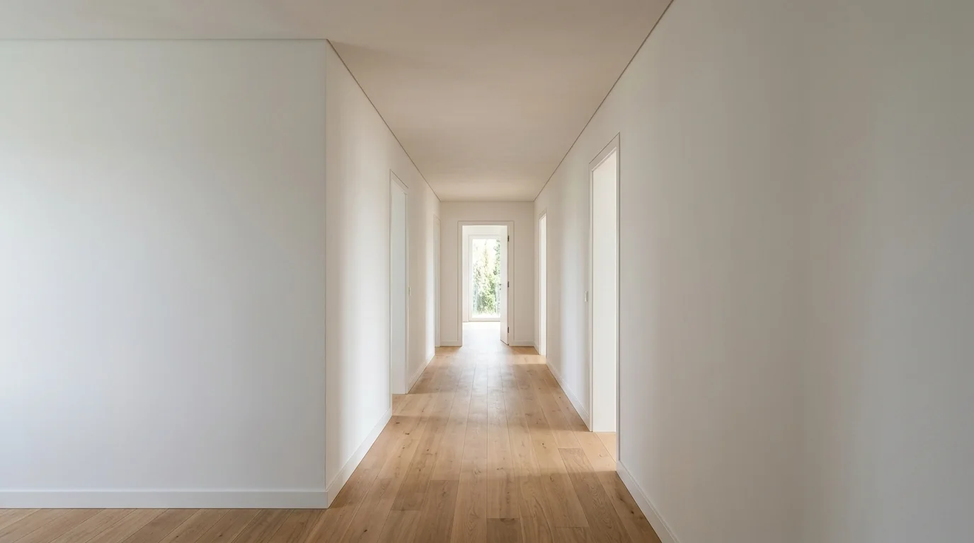 A clean, finished residential hallway with smooth walls, a simple floor, and a perfectly smooth, closed ceiling, illuminated by natural daylight.