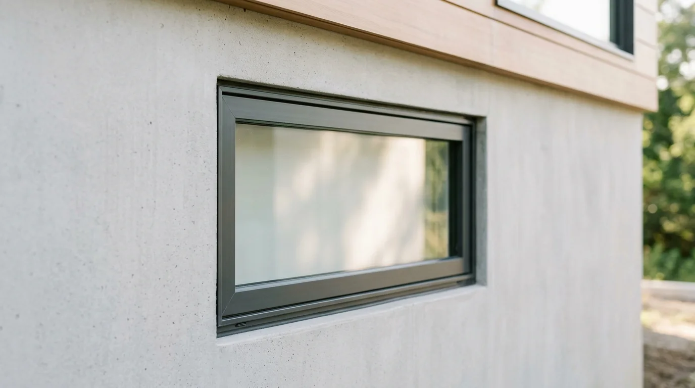 A tightly cropped exterior view showing a closed window seamlessly integrated into a smooth building foundation, bathed in natural daylight.
