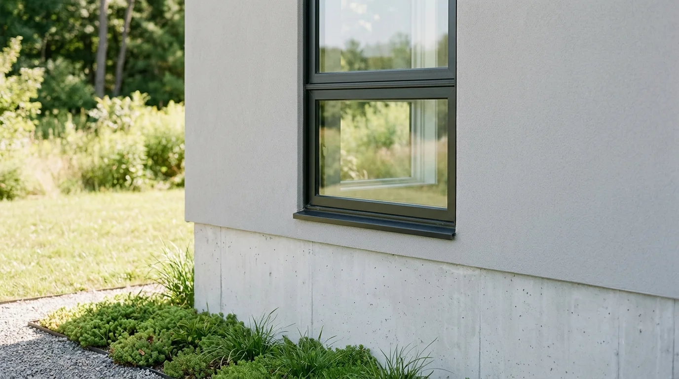 A tightly cropped exterior view of a house, showing a closed window set into a clean foundation wall, illuminated by daylight.
