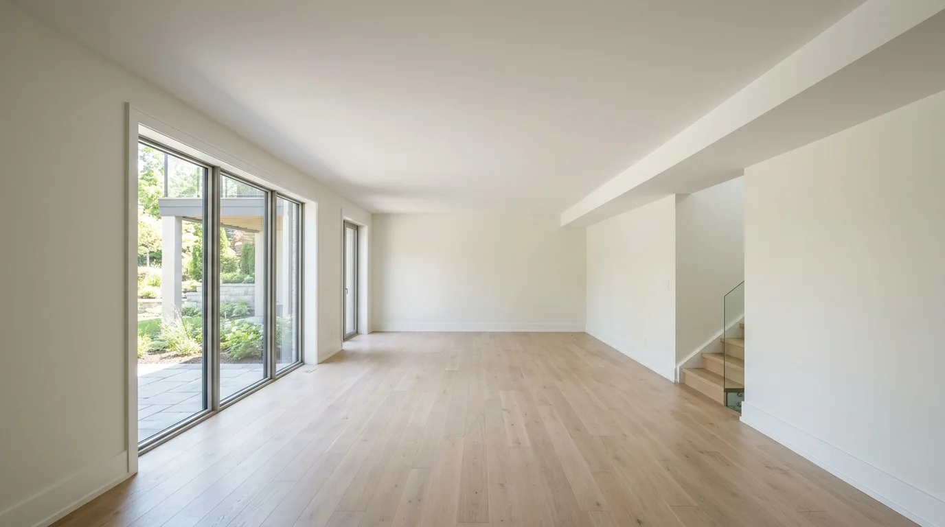 An empty, clean, and finished basement with light-colored walls and a smooth, closed ceiling, illuminated by soft daylight.
